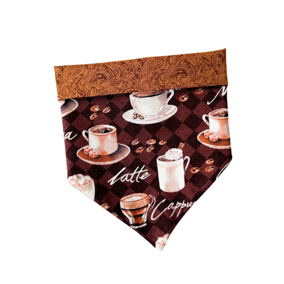 A brown and white checkered bandana with coffee-related text patterns, designed to fit a dog's collar.
