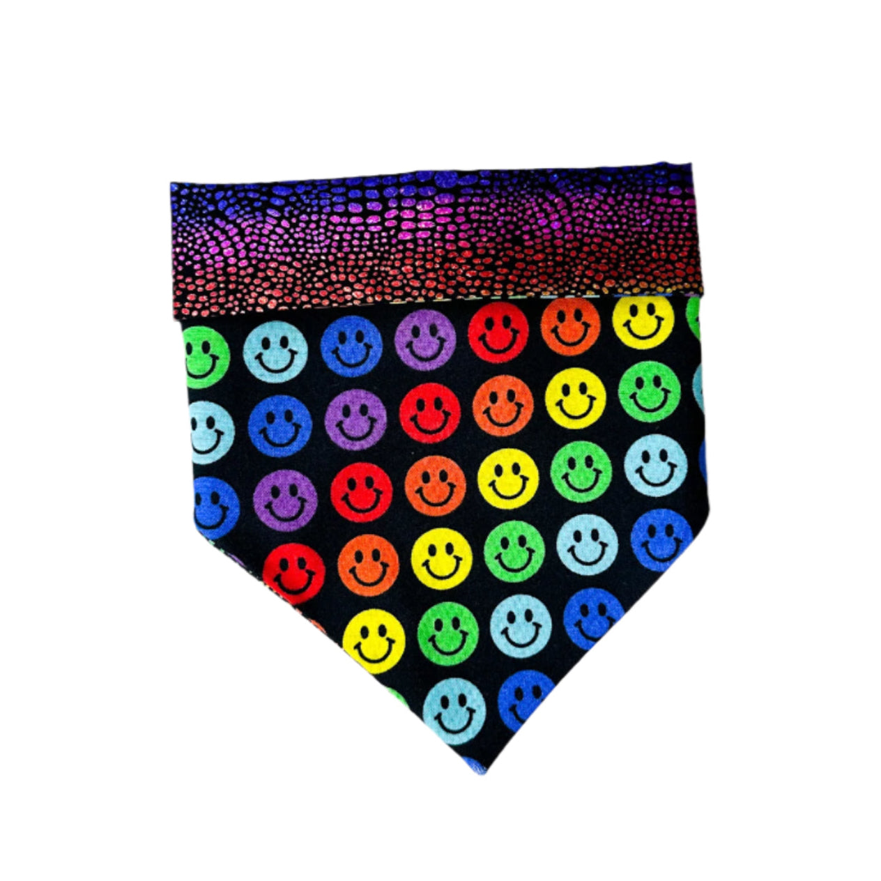 Colorful smiley face patterned fabric on a white background