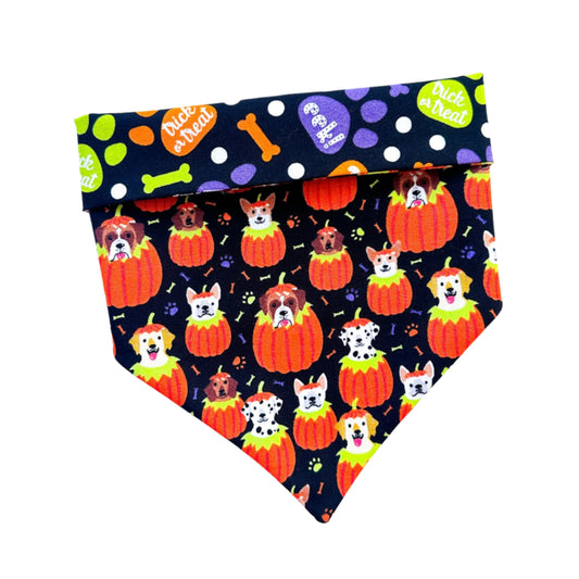 Halloween-themed dog bandana with pumpkins and dogs on a white background