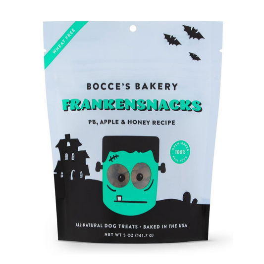 Bocce's Bakery Frankensnacks packaging with a cartoon Frankenstein design on a white background.